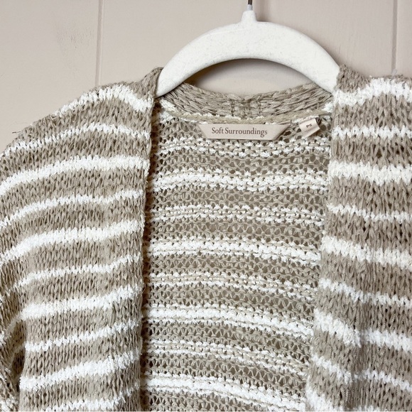 Soft Surroundings neutral stripe cardigan sweater petite small tan white open - Picture 3 of 10